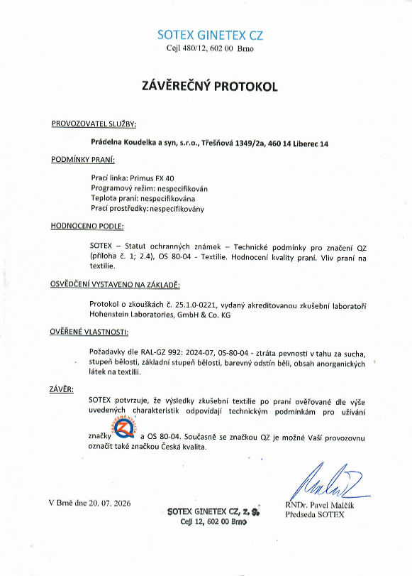 sotex Prádelna Koudelka a syn - certifikát